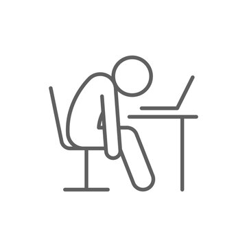 Burnout Icon Vector, Exhausted Person Slouched at Desk with Laptop, Editable Stroke Outline Symbol for Remote Work Fatigue, Mental Exhaustion, and Overwork Stress