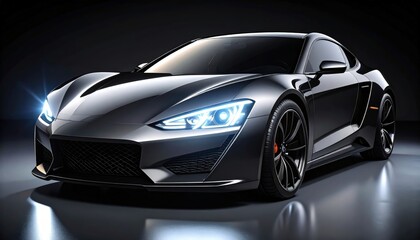 Sleek futuristic sports car gleams with cool white LED headlights in a minimalist setting now.