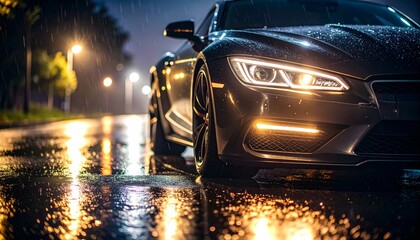 Sleek sportscar with headlights on, parked on wet road at night during rain reflecting neon lights.