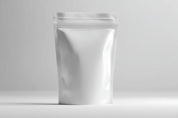 Blank white stand-up pouch for product packaging on gray background