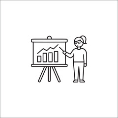 Line icon of person with board showing graph – business presentation illustration on transparent background for analytics, training, or marketing concept visuals.