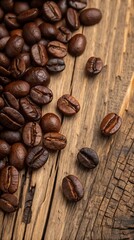 Naklejka premium Roasted Coffee Beans Scattered on Rustic Wooden Surface Close Up View with Rich Brown Tones and Natural Wood Grain Texture