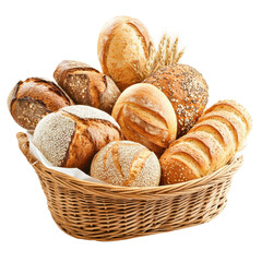 Assorted Breads in Wicker Basket Wheat Harvest Bakery, isolated on a white background