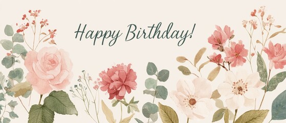 Elegant floral birthday card design with watercolor roses and blooming flowers