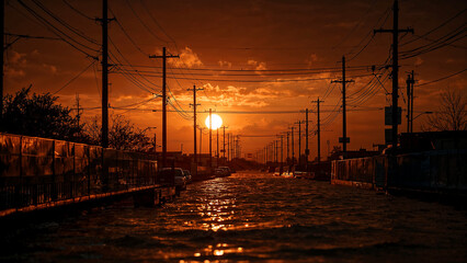 Flooded street reflection under a stunning sunset