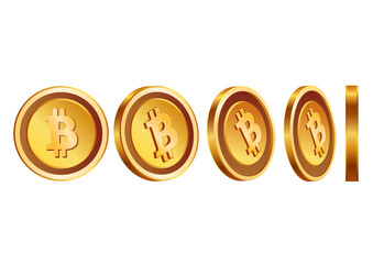 Sequence showing single golden bitcoin coin from five different rotation angles on white background