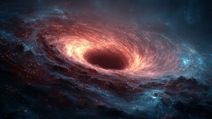 Cosmic vortex of glowing spiral galaxy with luminous clouds and dark void