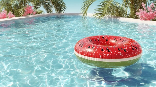 Watermelon pool float in sparkling blue swimming pool surrounded by tropical pink flowers
