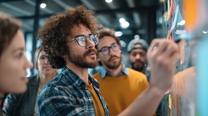 Obraz premium Group collaboration in a modern workspace, discussing ideas and strategies on a whiteboard.