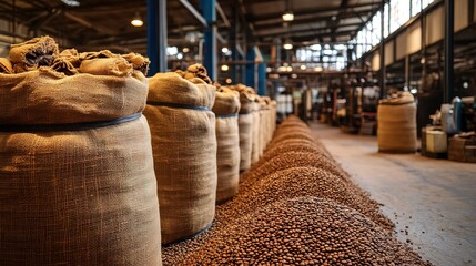 A sprawling coffee bean processing plant, sacks of coffee being roasted and packed