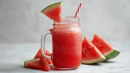 Refreshing watermelon drink in a mason jar with slices of watermelon, perfect for summer hydration and enjoyment.