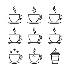 Nine Coffee Cup Icons Line Art Steaming Beverage Set Black White Simple Design vector