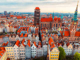 Gdansk with Motlawa river in Poland. Aerial landscape of the Main Town. Old town colourful house with saint Marys church