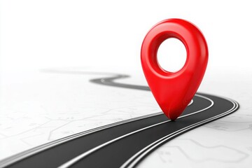 Red Location Pin on Winding Road: GPS Navigation, Travel, Journey, Destination Concept.  3D Render of a map with a path leading to a destination marker.