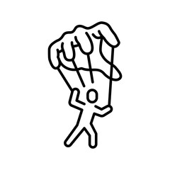 Micromanagement Icon Vector, Puppet Control Hand Holding Small Person Symbol, Outline for Burnout, Workplace Domination, and Loss of Autonomy at Work