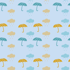 Colorful seamless pattern featuring umbrellas and raindrops from rain clouds over a light background. Ideal for designs themed around rainy weather and playful outdoors