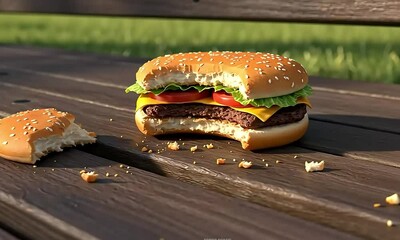 Close Up Of A Partially Eaten Hamburger With Sesame Seed Bun On A Wooden Surface Near A Green Background With Natural Light - Powered by Adobe
