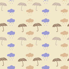 Colorful seamless pattern featuring umbrellas and raindrops from rain clouds over a light background. Ideal for designs themed around rainy weather and playful outdoors
