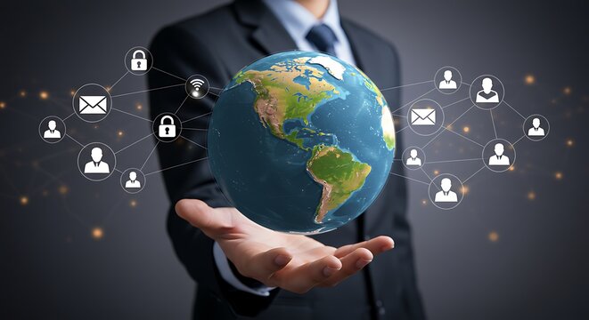 Businessman presenting a globe symbolizing global network connections and communication
