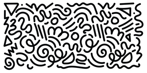 Memphis geometric seamless pattern. Monochrome abstract background in retro 80s,90s style with various shapes circles, semicircles, dots, zigzags, spirals, wavy lines. Cute kid doodle design in eps10.