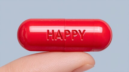Red capsule with "happy" text balancing on finger against blue background
