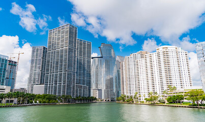 Scenic panorama of Miami financial district. Brickell in Miami city. Miami Urban landscape with iconic buildings. Miami cityscape.