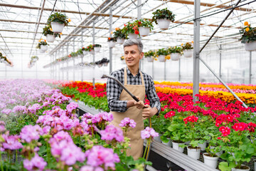 A smiling gardener waters flowers in a vibrant greenhouse, surrounded by colorful blooms, creating...
