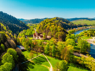 Medieval monastery Cerveny Klastor near Peak Tri Koruny or Trzy Korony in Pieniny National park in Slovakia and Poland