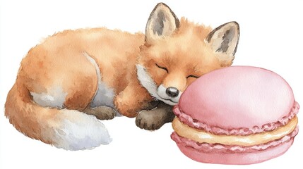Adorable fox sleeping beside pink macaron in whimsical watercolor art