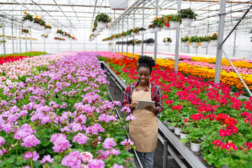 A smiling African woman in a greenhouse manages inventory on a tablet, surrounded by vibrant flowers and hanging plants.