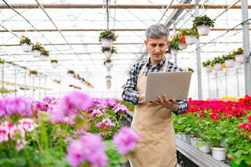 A man in a greenhouse, working on a laptop amidst vibrant flowers, managing plants.