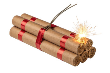 Bundle of dynamite sticks with burning fuse isolated on transparent background