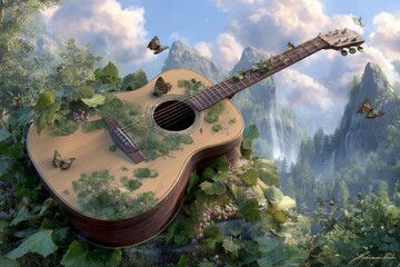 Nature guitar harmony: acoustic instrument blending with scenic mountain landscape