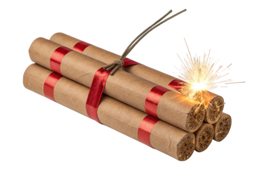 Bundle of dynamite sticks with burning fuse isolated on transparent background
