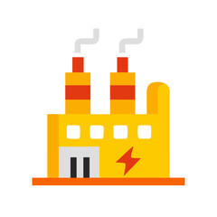 Obraz premium Yellow cartoon factory building with smoking chimneys and a lightning bolt symbol as a flat vector icon