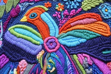 Vibrant embroidered bird design on textile.  Intricate colorful stitching creates a detailed bird, surrounded by flowers and foliage