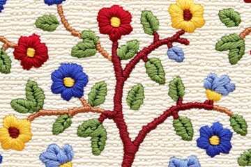 Detailed embroidery design of a flowering tree.  Intricate floral motifs in various colors adorn a textured cream-colored background.  Hand-crafted artistry in embroidery, creating a vibrant pattern