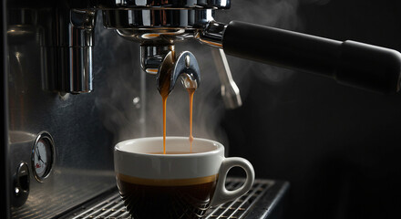 Barista&rsquo;s hands pouring hot espresso into a white cup using a professional coffee machine in a cozy caf&eacute; setting