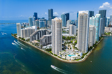 Aerial view of Brickell skyscrapers. Modern cityscape of downtown Miami. Panoramic Miami skyline above the coastline.