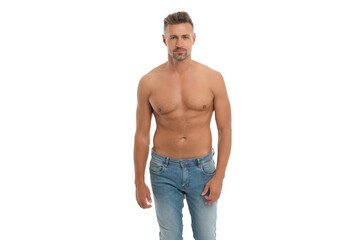Shirtless guy model having fit body. Mature muscular man in jeans. Muscular man with bare torso....