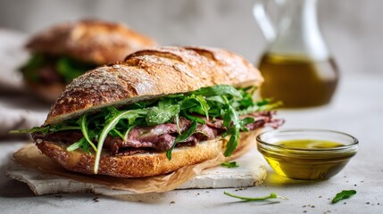 Crusty Sourdough Baguette with Roast Beef and Arugula Served with Olive Oil