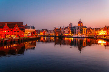 Gdansk with Motlawa river in Poland. Old town colourful house with Polish Baltic Frederic Chopin Philharmonic © Zedspider