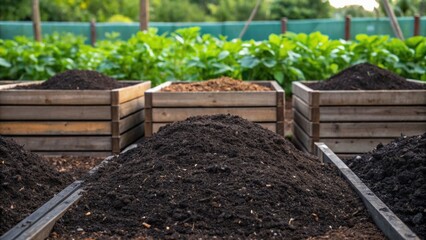 Raised garden beds filled with rich, dark compost soil ready for planting, with a green garden backdrop.