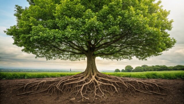 A large, leafy tree with an extensive root system visible underground, standing in a green field under a cloudy sky.