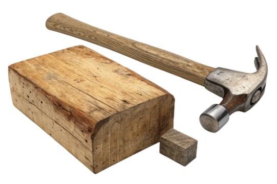 Claw hammer and wooden blocks isolated on transparent background