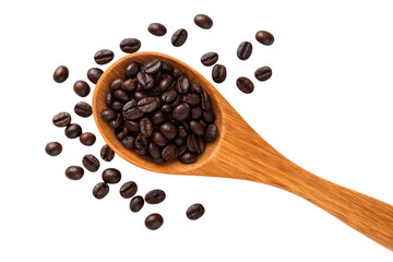 Obraz premium Roasted coffee beans in wooden spoon isolated on transparent background
