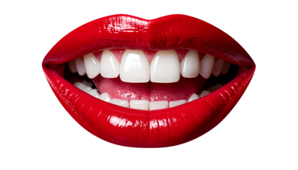 A close-up of a woman's open mouth, displaying a bright red lipstick and perfectly aligned, healthy teeth