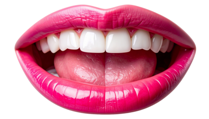Close-up of a smiling mouth showing healthy white teeth and glossy pink lipstick. The lips are parted revealing a pink tongue