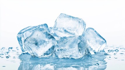 Obraz premium Clear ice cubes stacked with water droplets against a light background, showcasing their transparency and coldness.