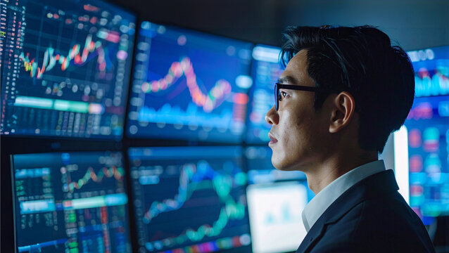 A focused trader analyzing real-time stock market data displayed on multiple monitors